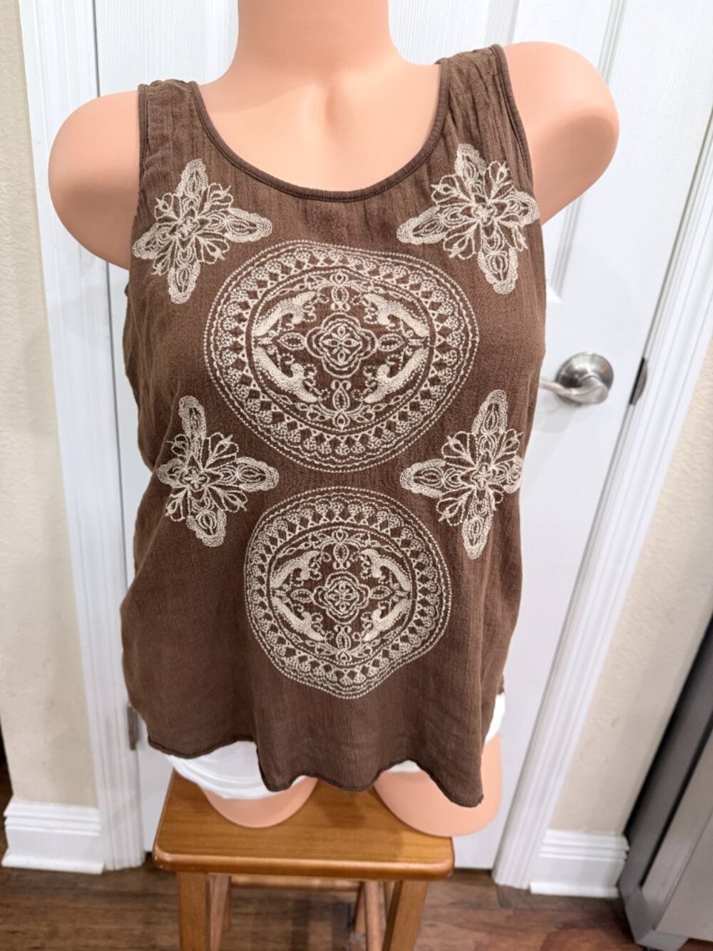 Charter Club Brown Embroidered Boho Layered Tank Top Medium Gauze Cotton